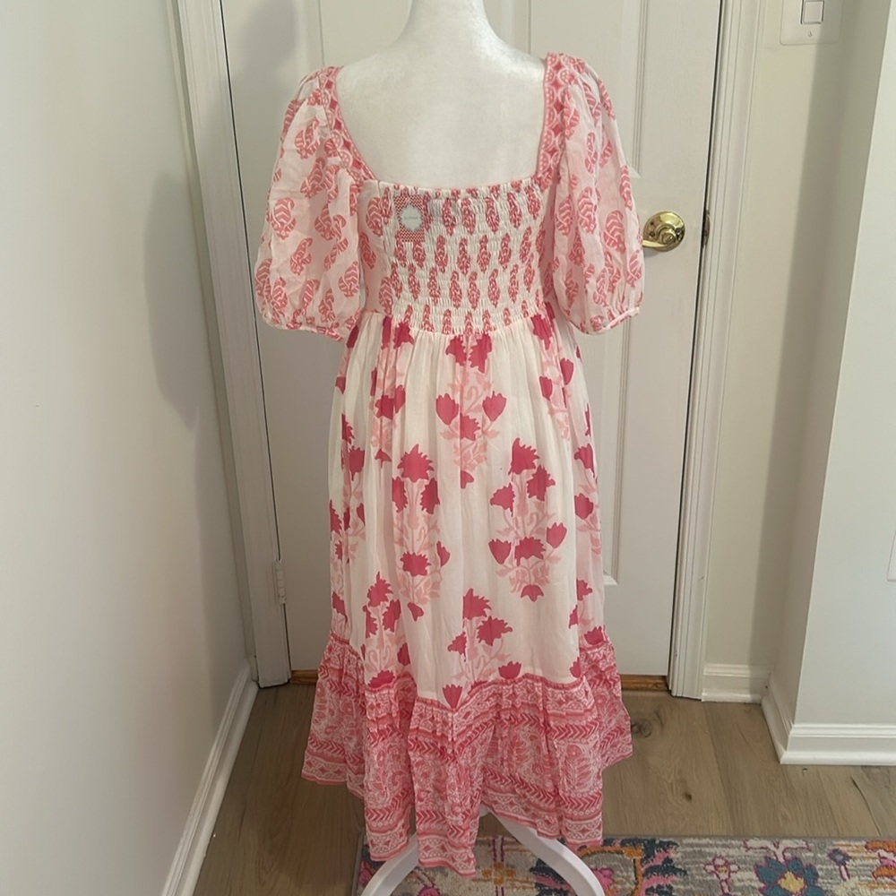 Tuckernuck Oliphant Puff Sleeve Midi Dress in Jaipur Pink & White NWT Size XS - Picture 11 of 14
